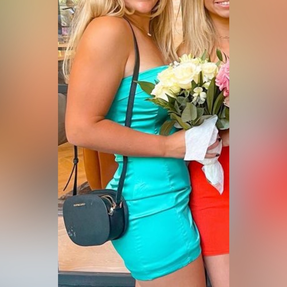 Teal strapless mini dress